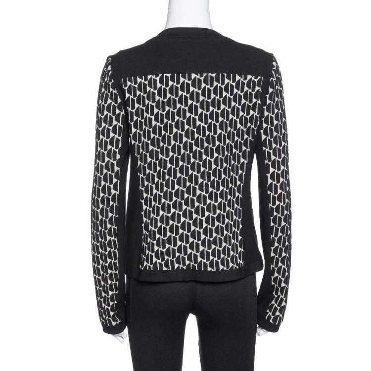 Pre Owned Diane Von Furstenberg Black & Cream Textured Knit Patricia Hounds Jacket L 