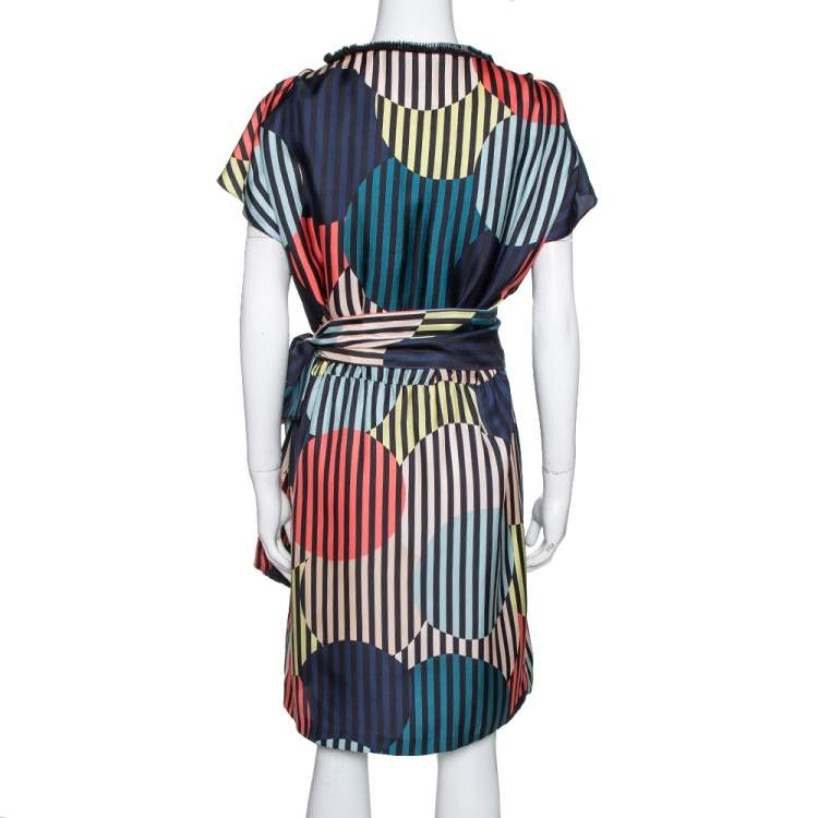 Pre Owned Diane von Furstenberg Multicolor Printed Silk Belted Rilla Dress L