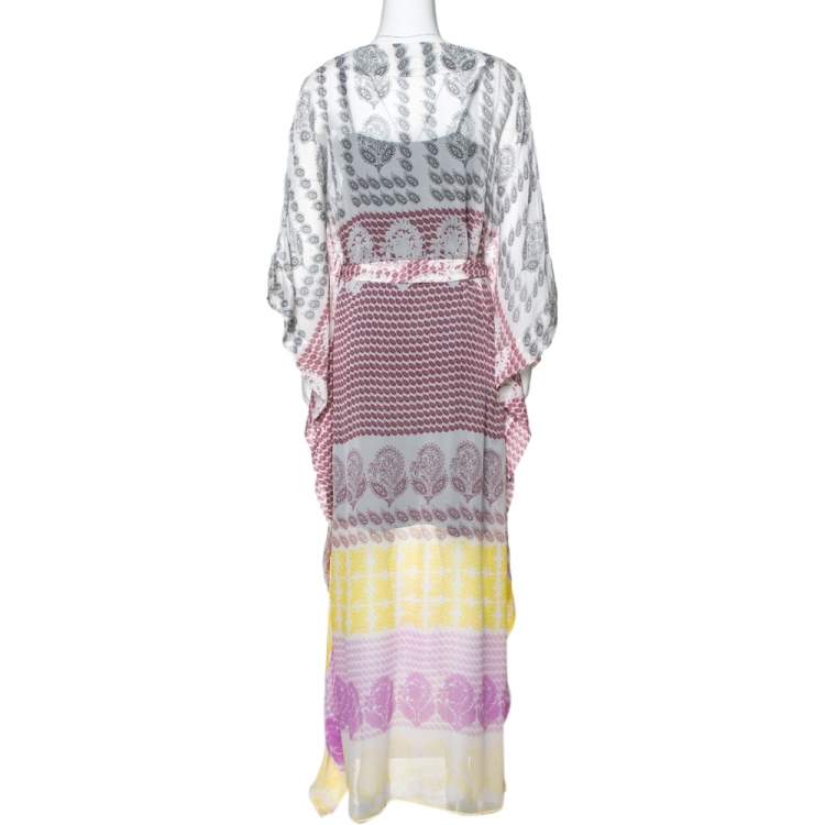 Pre Owned Diane von Furstenberg White Printed Silk Sheer Annushka Kaftan M