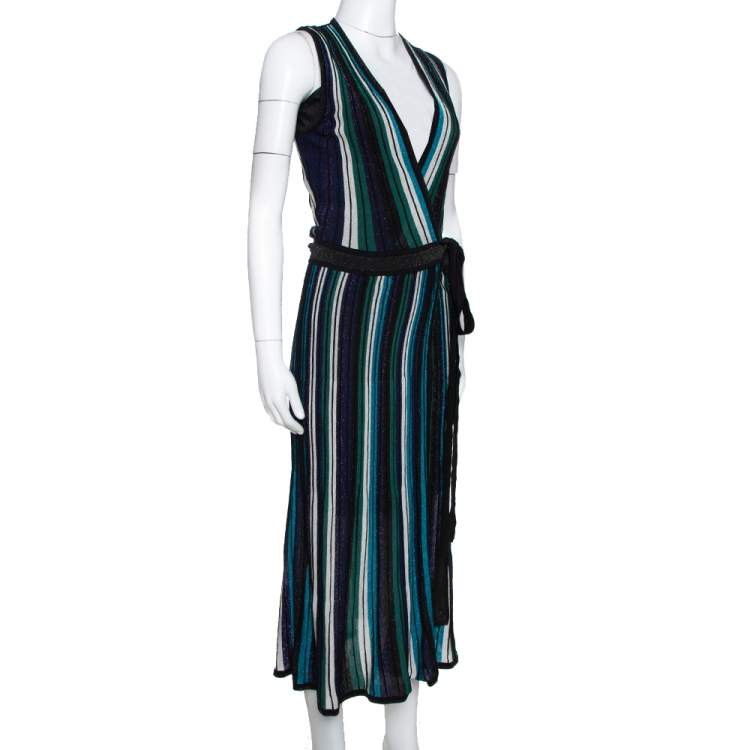 Pre Owned Diane von Furstenberg Black Lurex Striped Knit Cadenza Wrap Dress P