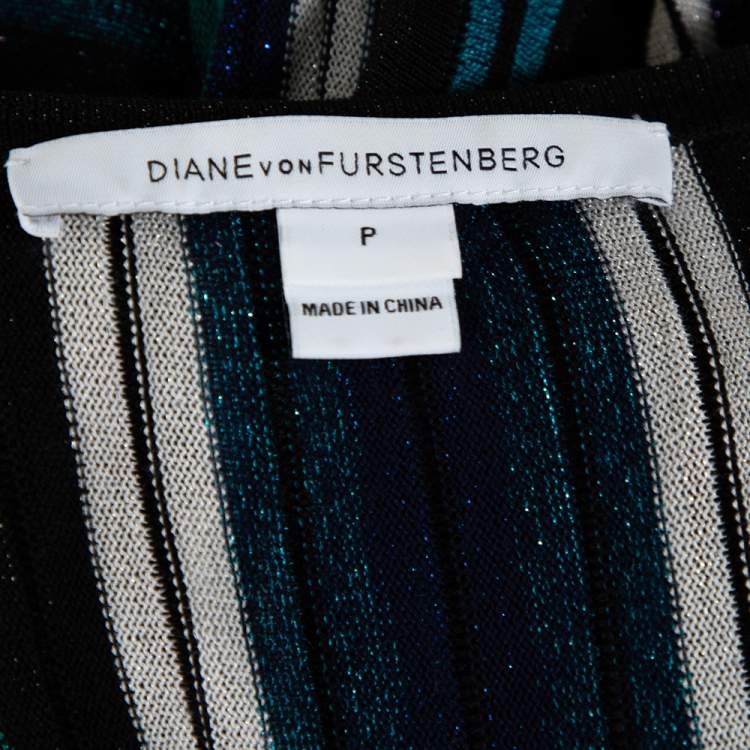 Pre Owned Diane von Furstenberg Black Lurex Striped Knit Cadenza Wrap Dress P