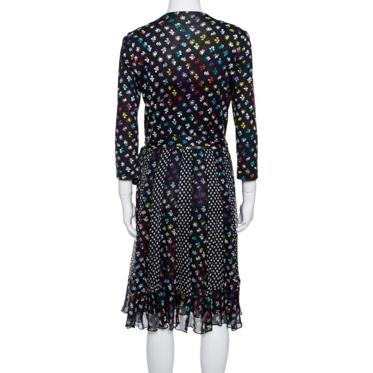 مملوكة مسبقًا Diane von Furstenberg Floral & Dot Print Paneled Caprice Wrap Dress M
