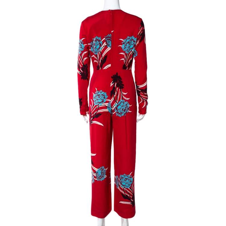 Pre Owned Diane Von Furstenberg Red Floral Print Crepe Farren Jumpsuit S