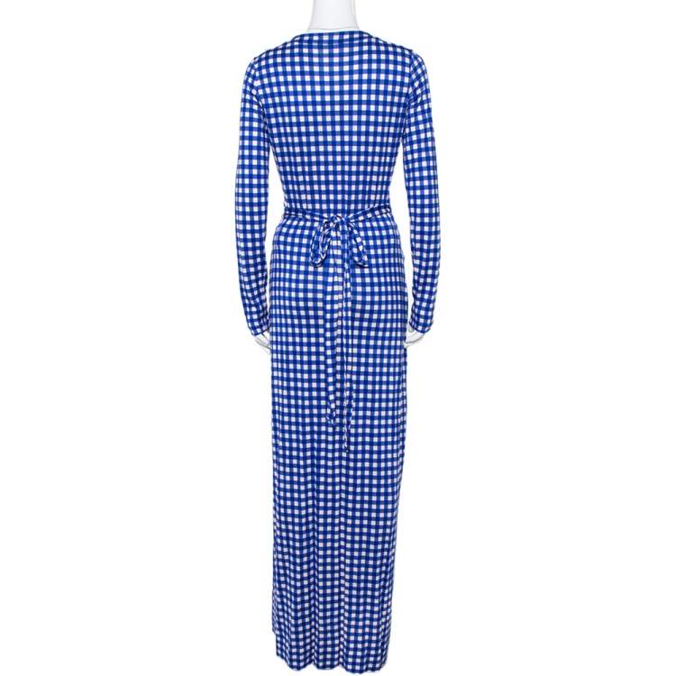 Pre Owned Diane Von Furstenberg Blue Gingham Silk Jersey New Julian Wrap Dress M