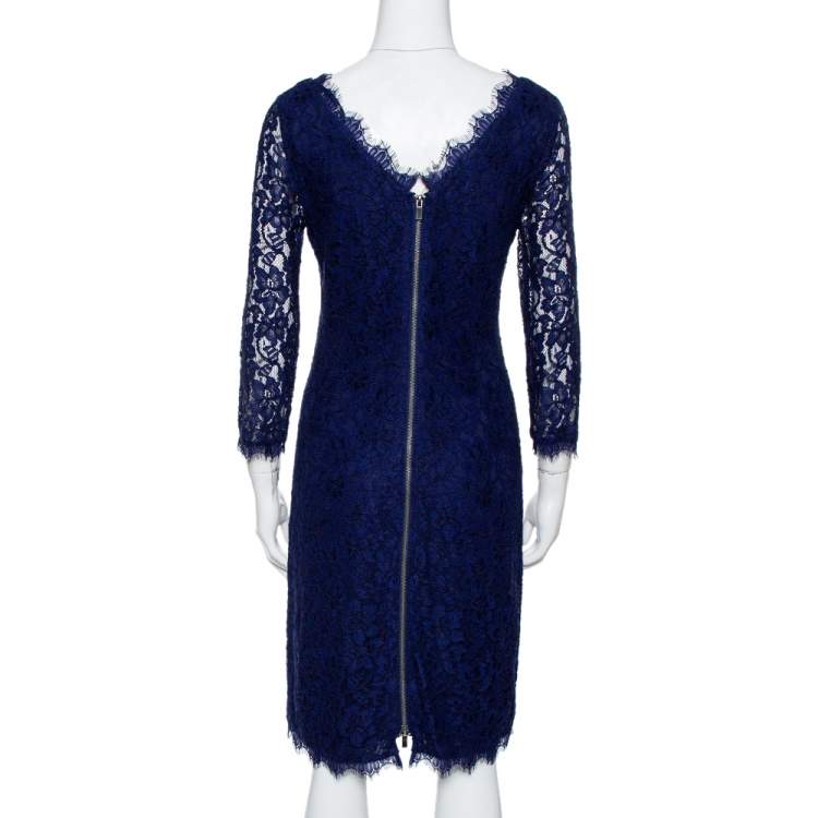 Pre Owned Diane Von Furstenberg Navy Blue Lace Zarita Long Sleeve Dress M