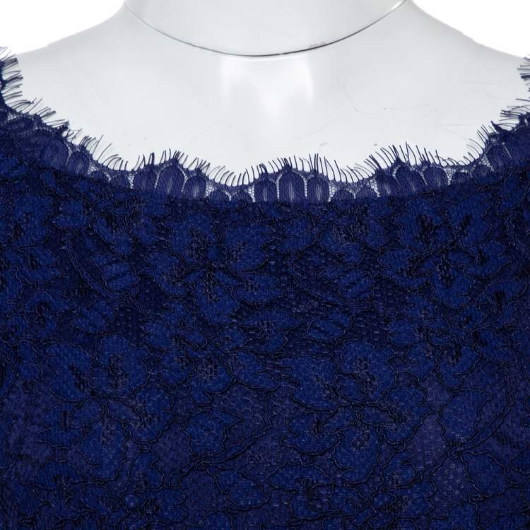 Pre Owned Diane Von Furstenberg Navy Blue Lace Zarita Long Sleeve Dress M