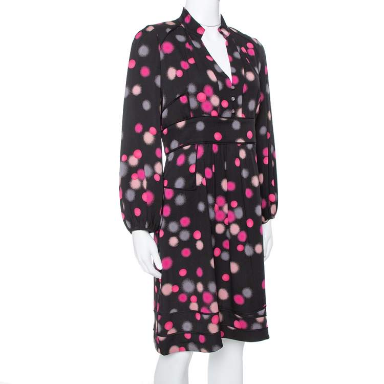 Pre Owned Diane Von Furstenberg Black Polka Dots Silk  Half Sleeve Midi Dress M
