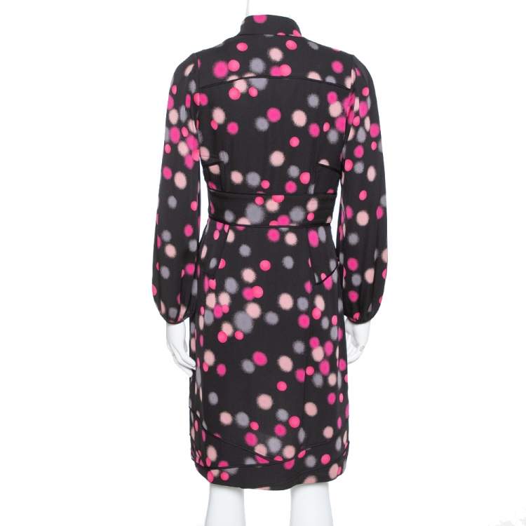 Pre Owned Diane Von Furstenberg Black Polka Dots Silk  Half Sleeve Midi Dress M