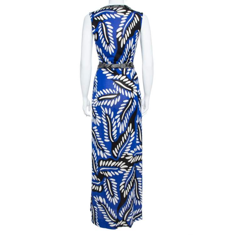 Pre Owned Diane von Furstenberg Blue Printed Silk Jersey Orchid Maxi Wrap Dress M