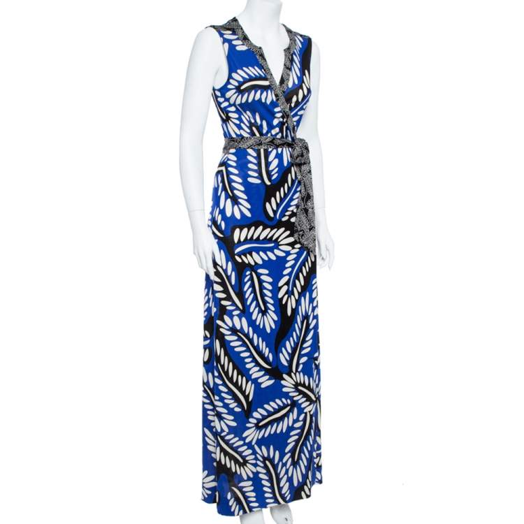 Pre Owned Diane von Furstenberg Blue Printed Silk Jersey Orchid Maxi Wrap Dress M