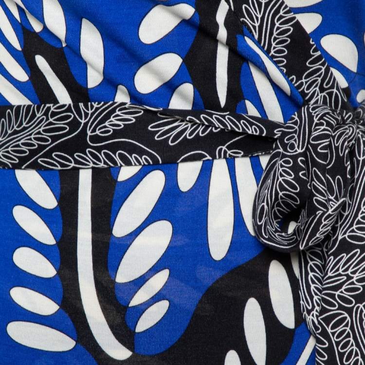 Pre Owned Diane von Furstenberg Blue Printed Silk Jersey Orchid Maxi Wrap Dress M