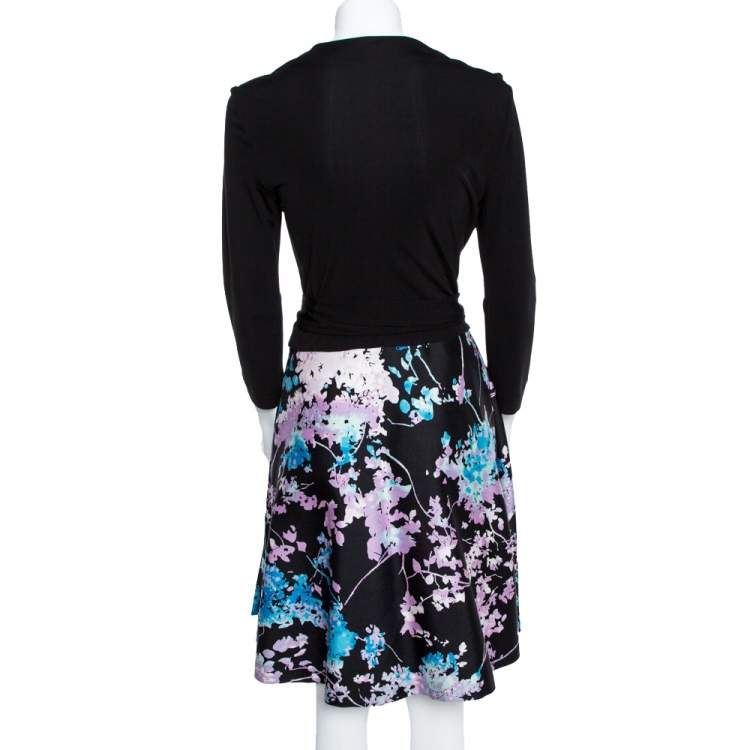 مملوكة مسبقًا Diane von Furstenberg Black Wool Silk Blend Floral Print Wrap Dress L