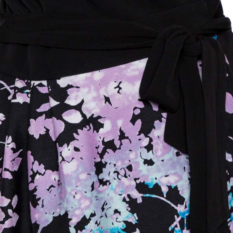 مملوكة مسبقًا Diane von Furstenberg Black Wool Silk Blend Floral Print Wrap Dress L