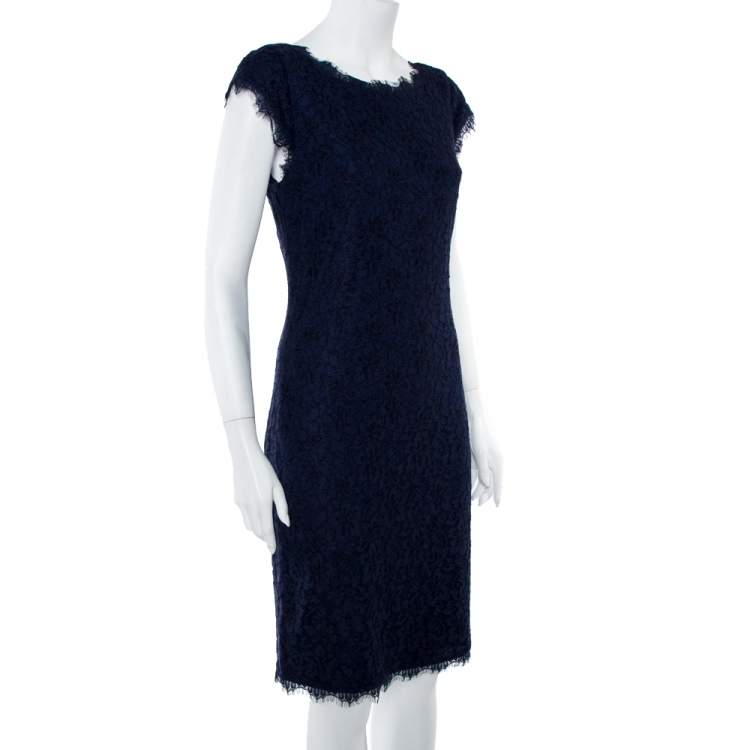 Pre Owned Diane Von Furstenberg  Navy Blue Lace Detail Dress L