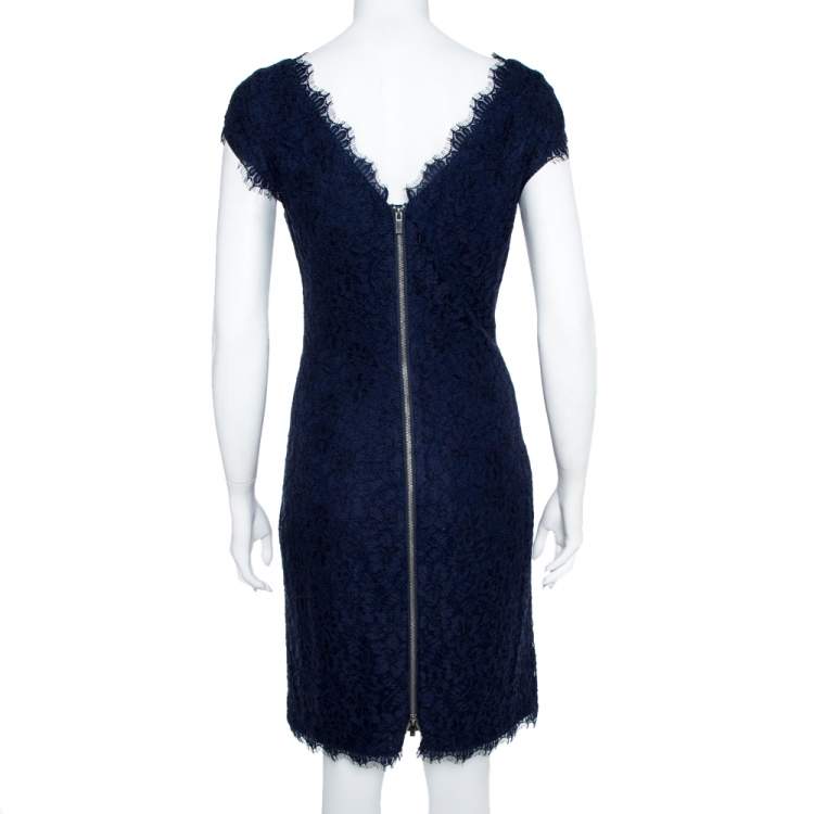Pre Owned Diane Von Furstenberg  Navy Blue Lace Detail Dress L