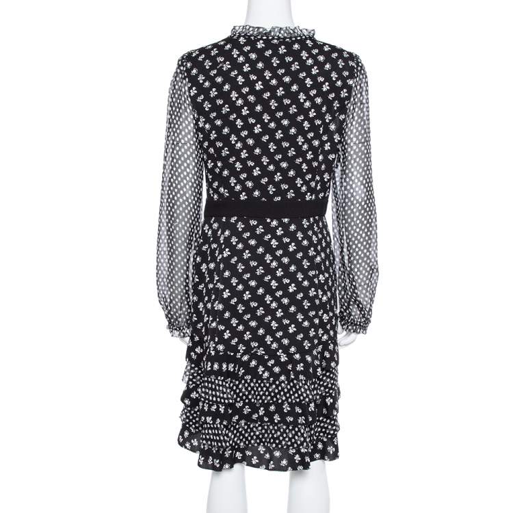 Pre Owned Diane Von Furstenberg Monochrome Floral Printed Silk & Ruffle Detail  Fionna Maxi Dress L