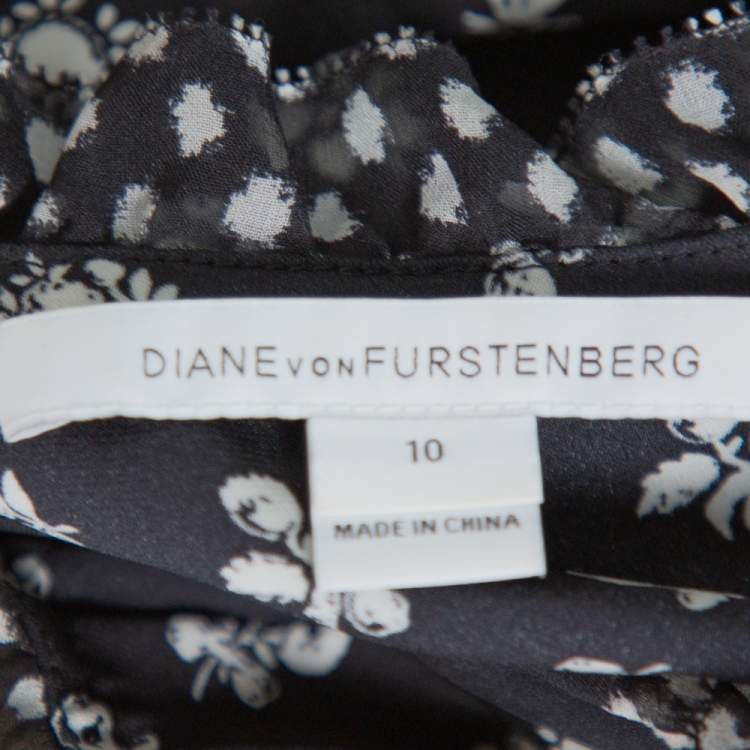 Pre Owned Diane Von Furstenberg Monochrome Floral Printed Silk & Ruffle Detail  Fionna Maxi Dress L