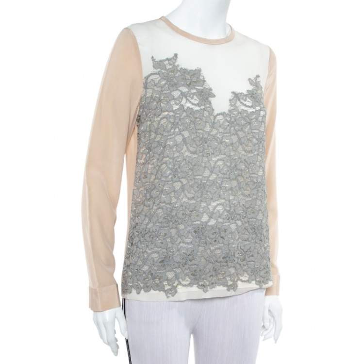 Pre Owned Diane Von Furstenberg Cream Crepe Lace Detail Branwen Top M