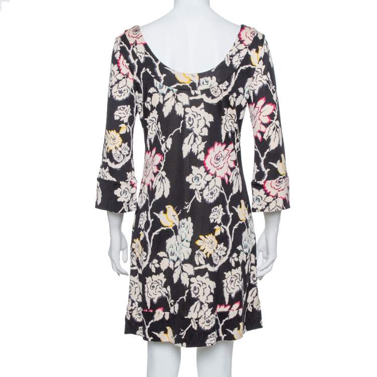 Pre Owned Diane von Furstenberg Black Floral Printed Silk Knit Shift Dress L