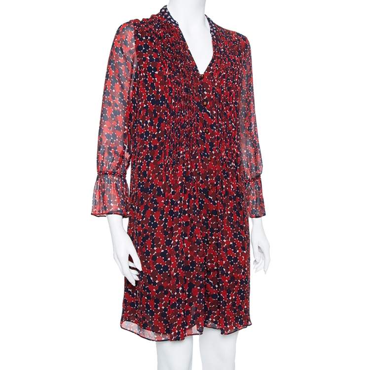 Pre Owned Diane von Furstenberg Red & Navy Blue Silk Pintuck Detail  Kourtini Shift Dress M 