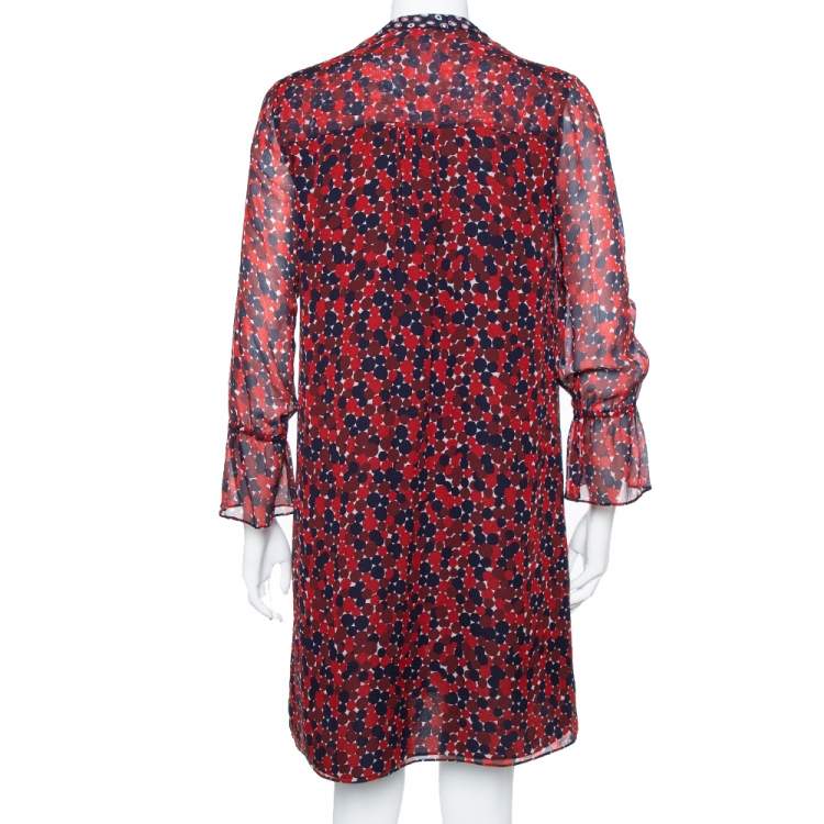 Pre Owned Diane von Furstenberg Red & Navy Blue Silk Pintuck Detail  Kourtini Shift Dress M 