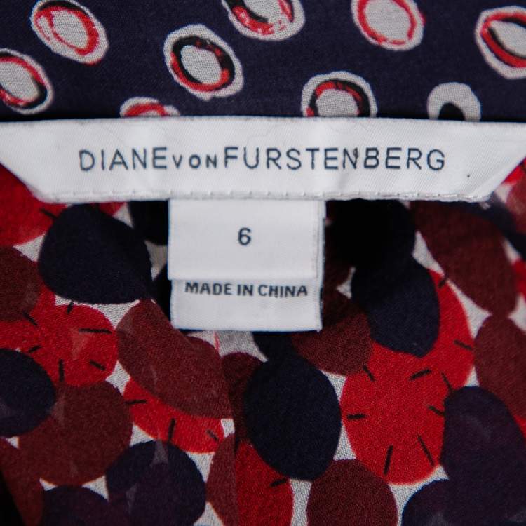 Pre Owned Diane von Furstenberg Red & Navy Blue Silk Pintuck Detail  Kourtini Shift Dress M 