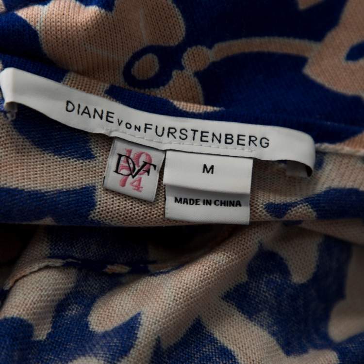 Pre Owned Diane Von Furstenberg Blue Floral Printed Knit Midi Wrap Dress M