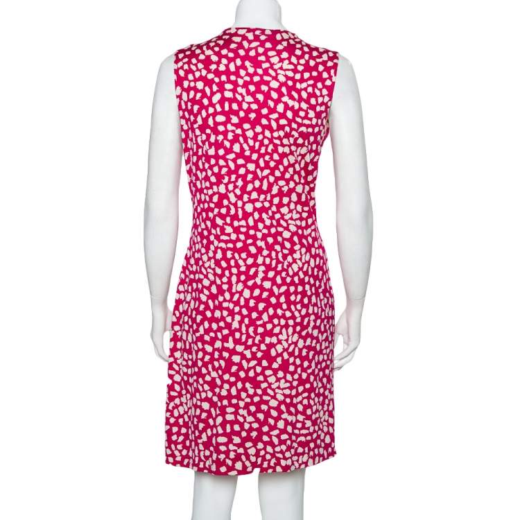 Pre Owned Diane Von Furstenberg  Pink  Printed Knit Draped Neo Dress L