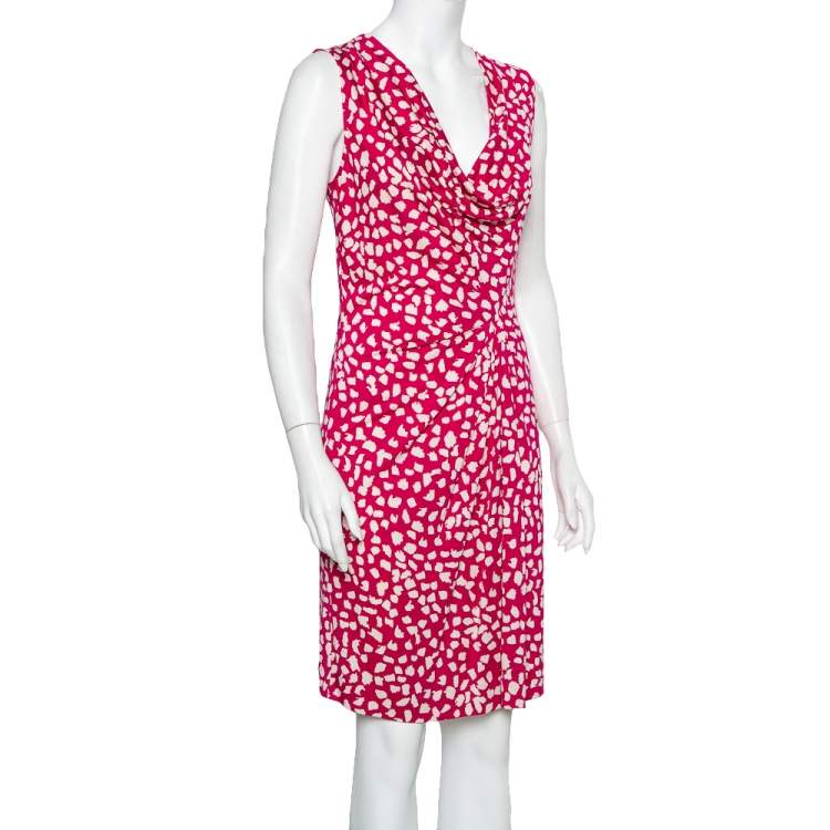 Pre Owned Diane Von Furstenberg  Pink  Printed Knit Draped Neo Dress L