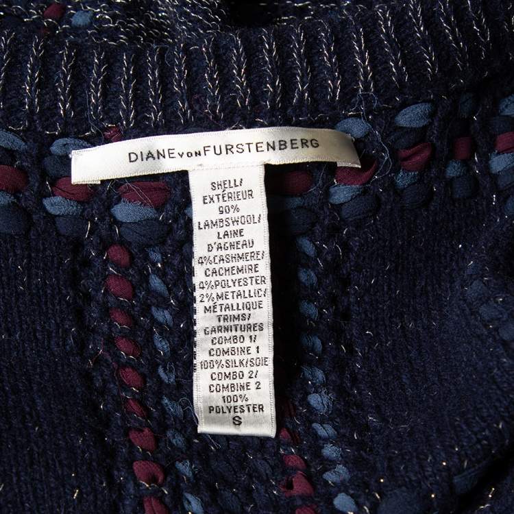 Pre Owned Diane Von Furstenberg Navy Blue Lurex Knit Button Font Hurleigh Cardigan S