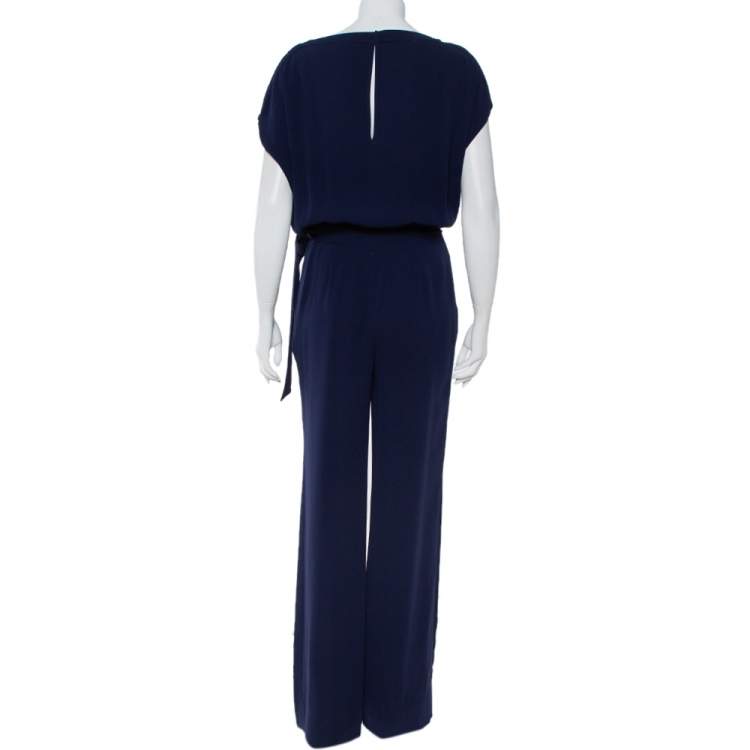 Pre Owned Diane Von Furstenberg Navy Blue Crepe Boat Neck Belted Sandra Jumpsuit M