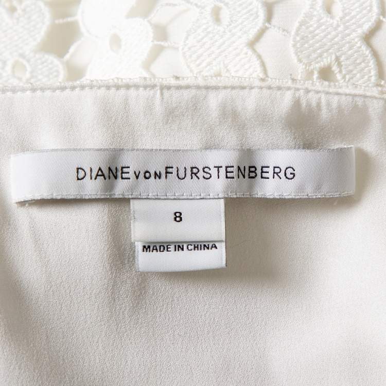 Pre Owned Diane Von Furstenberg White Guipure Lace Plunge Neck Tiana Dress M
