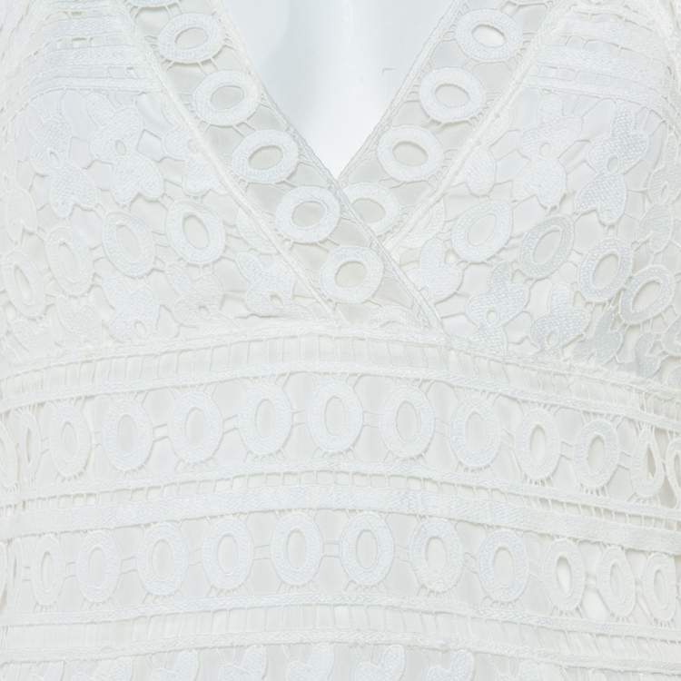 Pre Owned Diane Von Furstenberg White Guipure Lace Plunge Neck Tiana Dress M