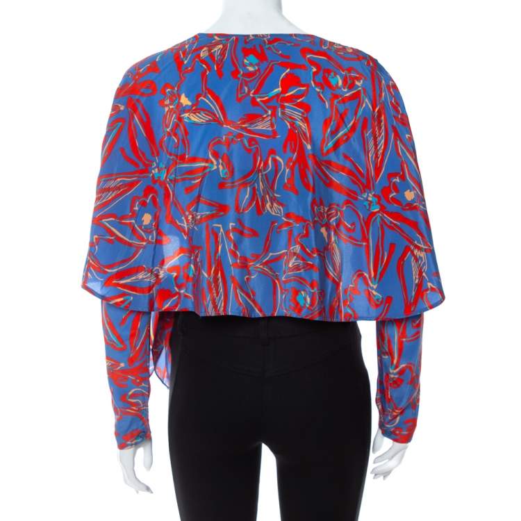 Pre Owned Diane von Furstenberg Blue Abstract Printed Silk Faux Wrap Crop Top S
