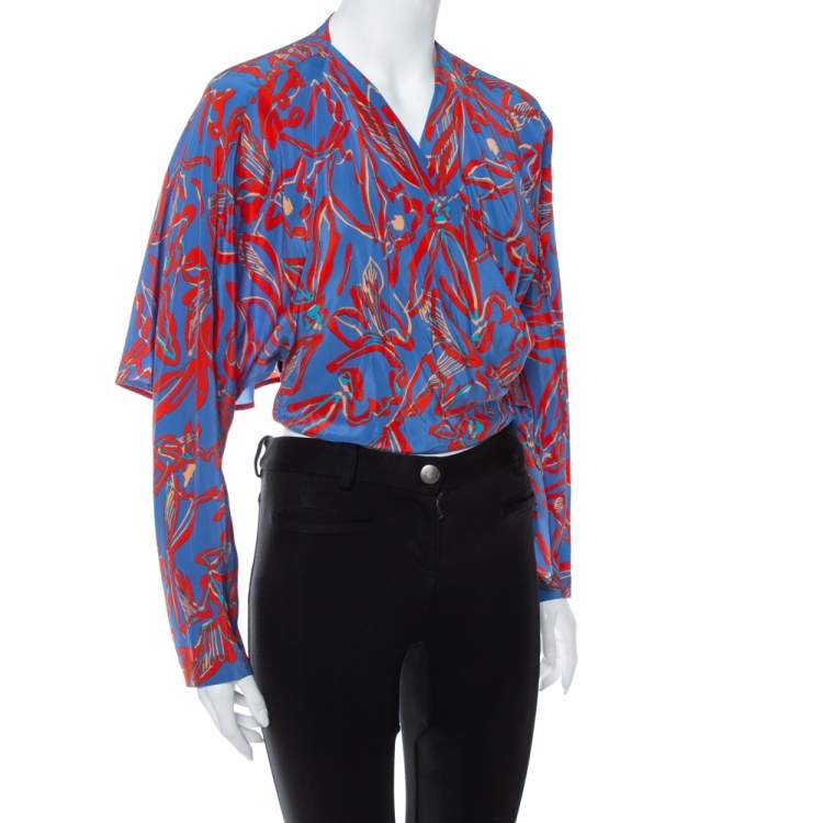 Pre Owned Diane von Furstenberg Blue Abstract Printed Silk Faux Wrap Crop Top S
