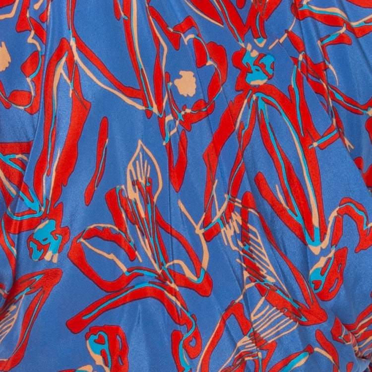 Pre Owned Diane von Furstenberg Blue Abstract Printed Silk Faux Wrap Crop Top S