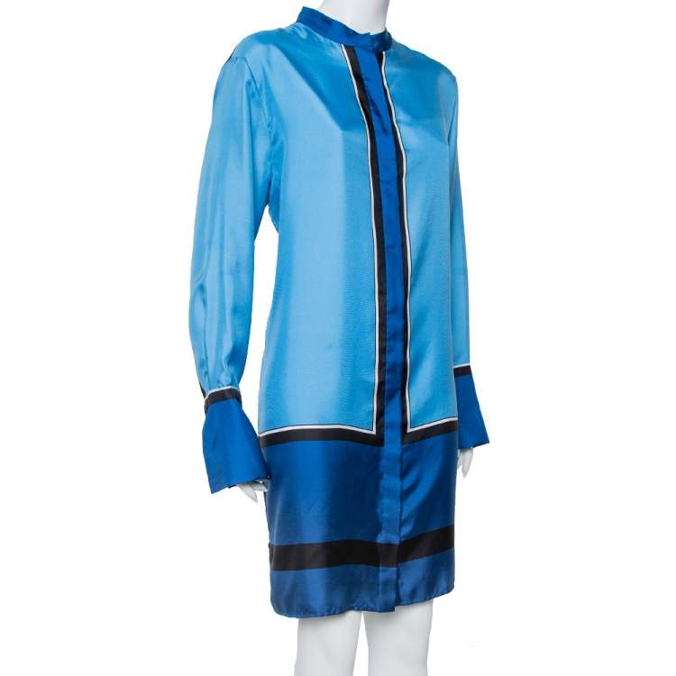 Pre Owned Diane Von Fustenberg Blue Silk Satin Oversized Shirt Dress M
