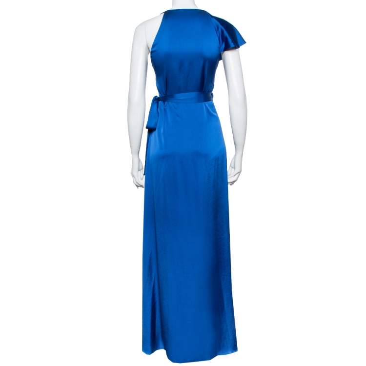 Pre Owned Diane Von Furstenberg Royal Blue Satin Ruffled Wrap Long Dress S
