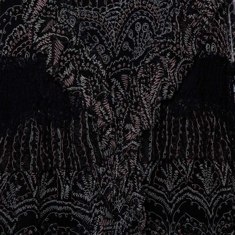 Pre Owned Diane Von Furstenberg Black Printed Silk Lace Trim Detail Tiered Taleen Mini Dress M