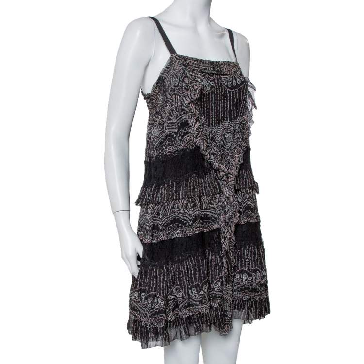 Pre Owned Diane Von Furstenberg Black Printed Silk Lace Trim Detail Tiered Taleen Mini Dress M