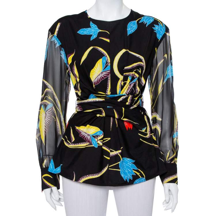 Pre Owned Diane Von Furstenberg Black Printed Cotton & Silk Waist Tie Detail Top M