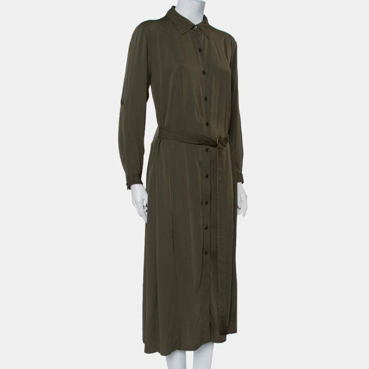 Pre Owned Diane Von Furstenberg Military Green Silk Belted Clarise Dress M