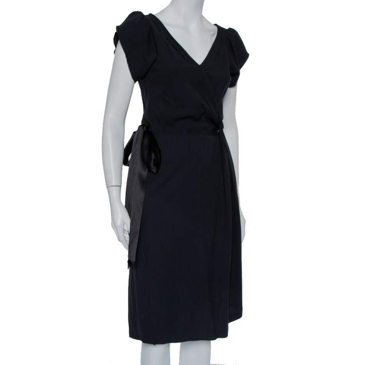 Pre Owned Diane von Furstenberg Black Wool Satin Trim Detail Antoinette Wrap Dress M