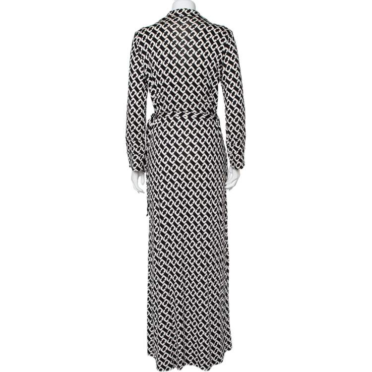 Pre Owned Diane Von Furstenberg Monochrome Silk Abigail Maxi Wrap Dress XL