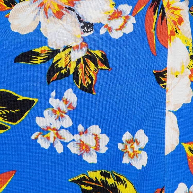 Pre Owned Diane Von Furstenberg Blue Floral Printed Knit Mini Wrap Dress S