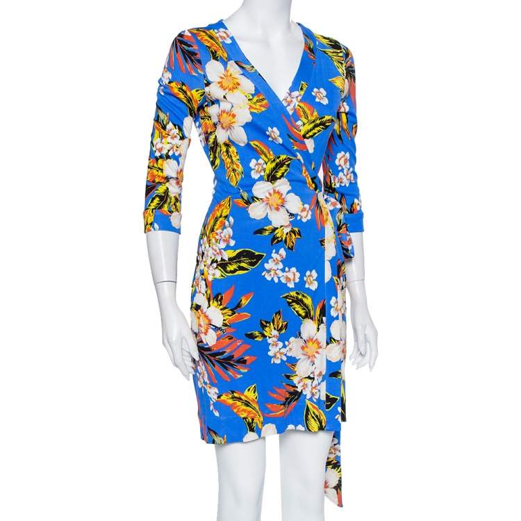 Pre Owned Diane Von Furstenberg Blue Floral Printed Knit Mini Wrap Dress S