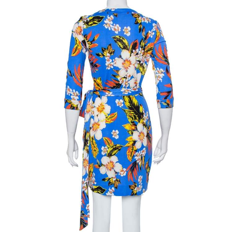 Pre Owned Diane Von Furstenberg Blue Floral Printed Knit Mini Wrap Dress S