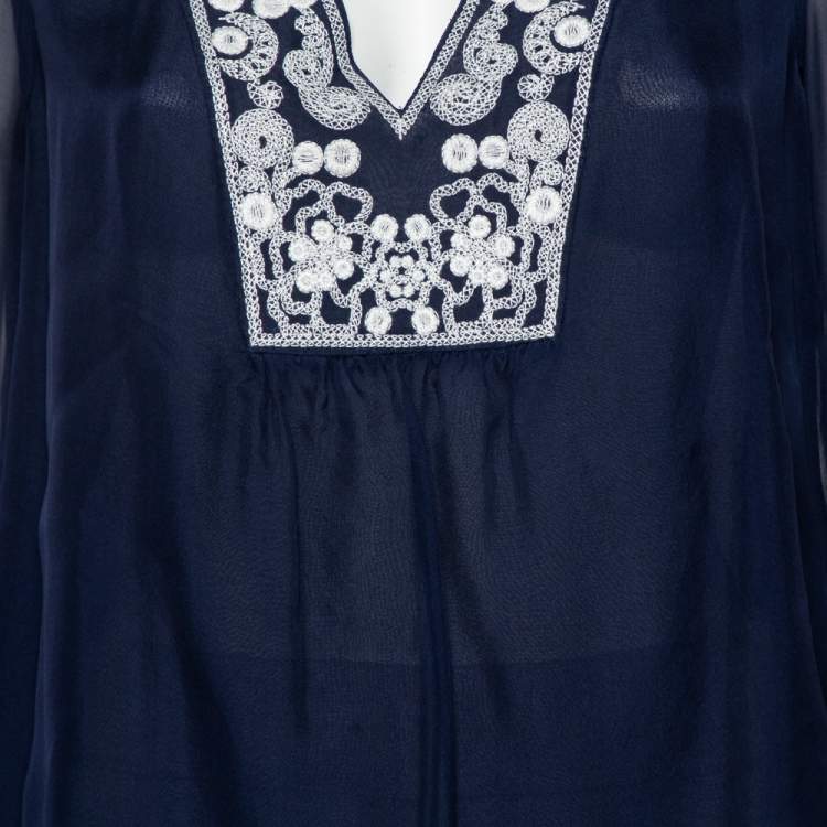Pre Owned Diane Von Furstenberg Navy Blue Silk Embroidered Plunge Neck Maslyn Top S