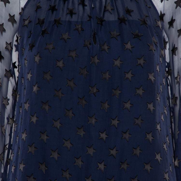 Pre Owned Diane von Furstenberg Navy Blue Star Pattern Fil Coupe Waist Tie Detail Top S