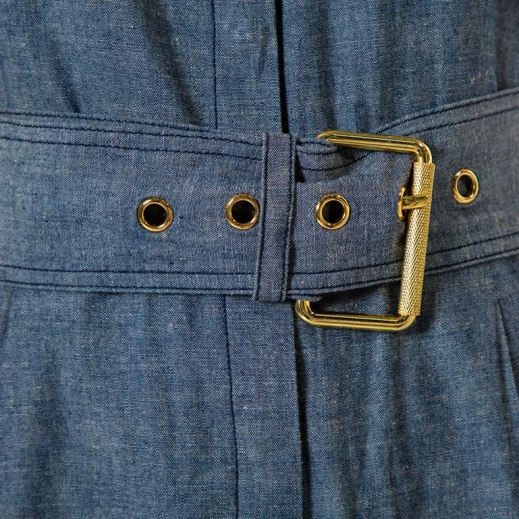 Pre Owned Diane Von Furstenberg Blue Cotton Button Front Belted Jumpsuit S